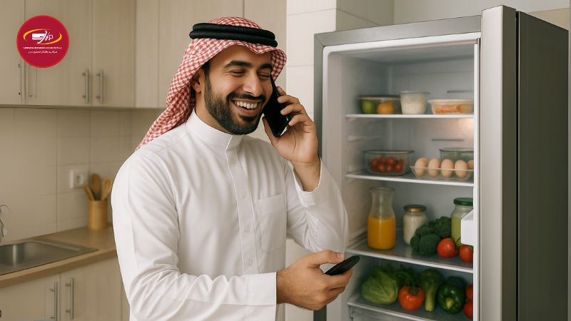 A Bahraini man in traditional attire calling for fridge repair service while standing beside a malfunctioning refrigerator in his kitchen.