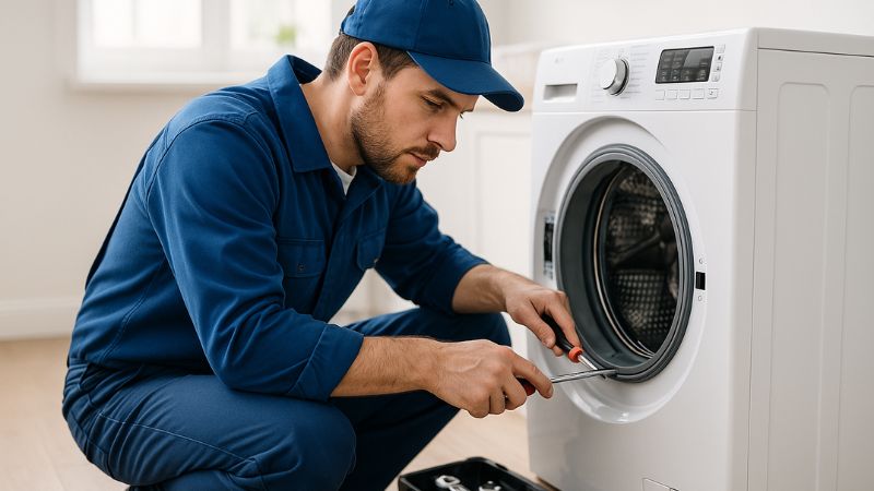 Bahraini technician repairing a front-loading washing machine in a home setting