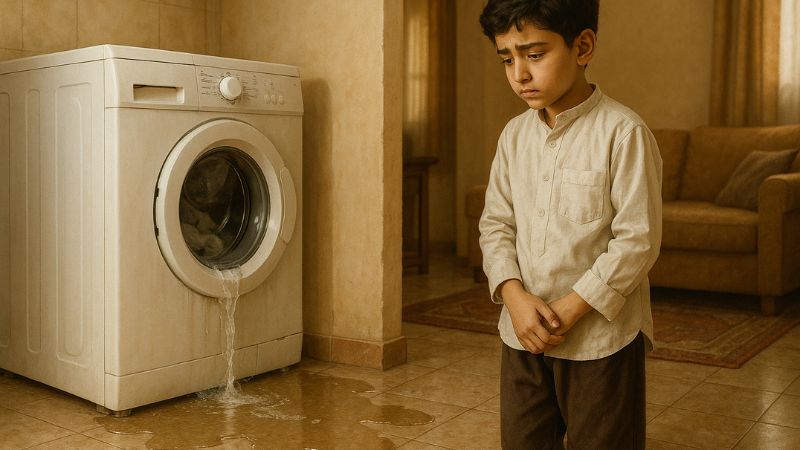 Young Bahraini Boy concerned over a leaking washing machine in an Arabic style home