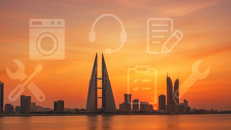 Manama skyline at sunset with washing machine service icons blended elegantly
