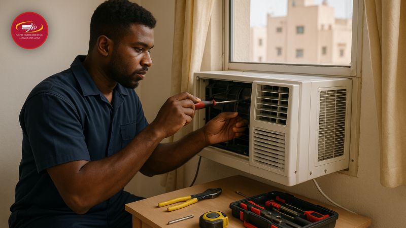 Window AC repair in small Bahrain apartment by technician.